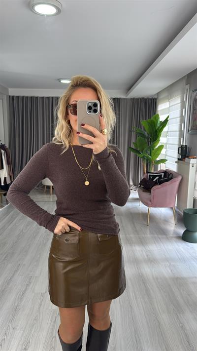 Kayık Yaka Kaşmirli Ultra Hafif Kahve Melanj Triko