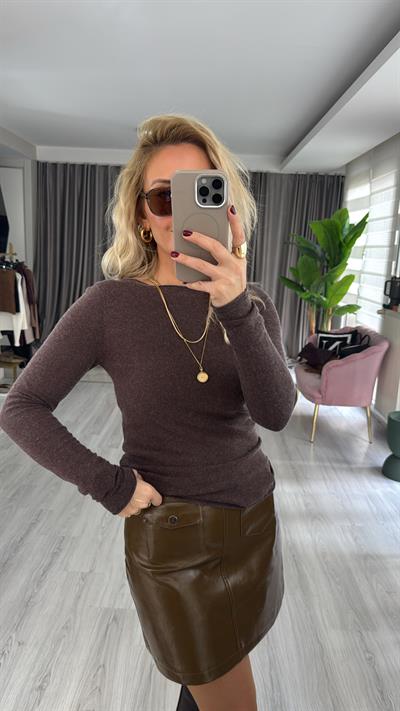 Kayık Yaka Kaşmirli Ultra Hafif Kahve Melanj Triko