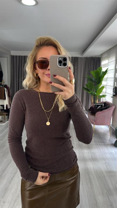 Kayık Yaka Kaşmirli Ultra Hafif Kahve Melanj Triko