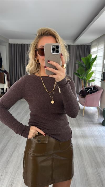 Kayık Yaka Kaşmirli Ultra Hafif Kahve Melanj Triko