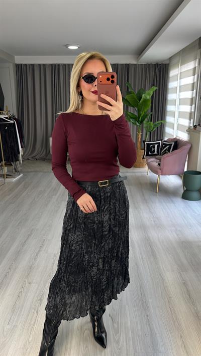 Kayık Yaka Pamuklu Uzun Kol Bordo Bluz