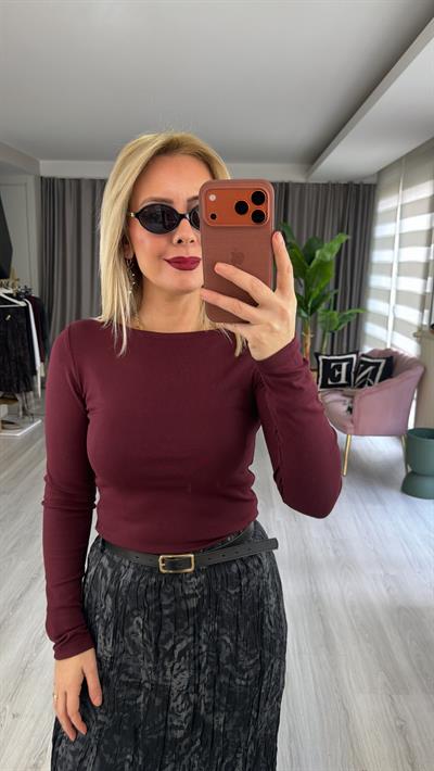 Kayık Yaka Pamuklu Uzun Kol Bordo Bluz