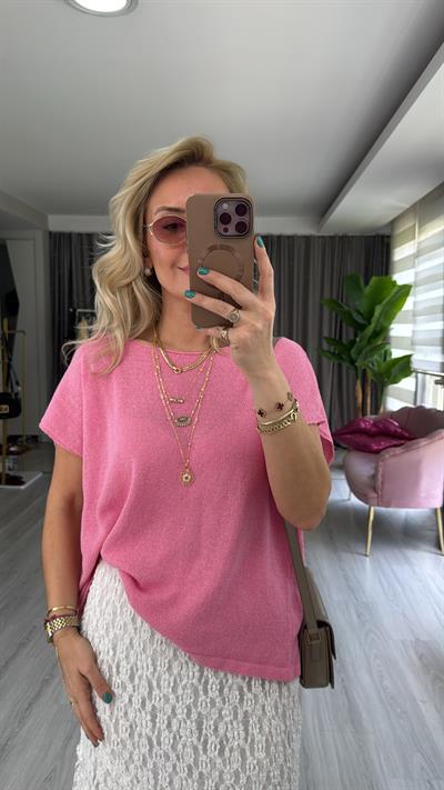 Kayık Yaka Pembe Merserize Triko