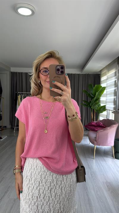 Kayık Yaka Pembe Merserize Triko