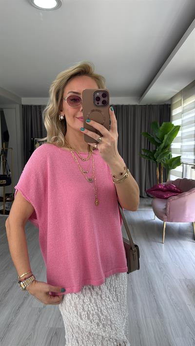 Kayık Yaka Pembe Merserize Triko