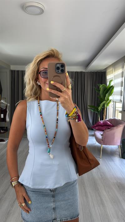 Kayık Yaka Peplum Mavi Dilvin Bluz