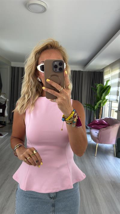 Kayık Yaka Peplum Toz Pembe Dilvin Bluz