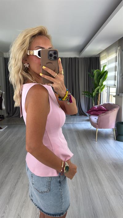 Kayık Yaka Peplum Toz Pembe Dilvin Bluz