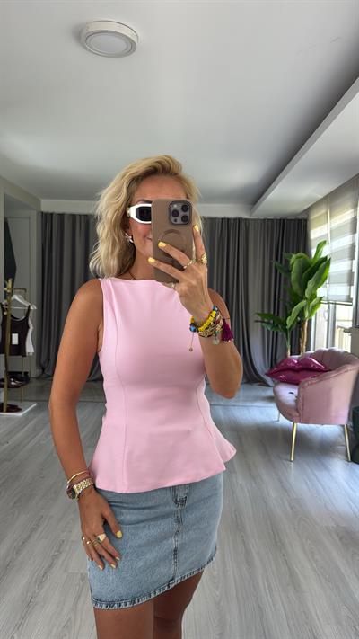 Kayık Yaka Peplum Toz Pembe Dilvin Bluz