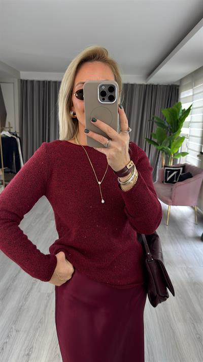 Kayık Yaka Pullu Simli Bordo Triko