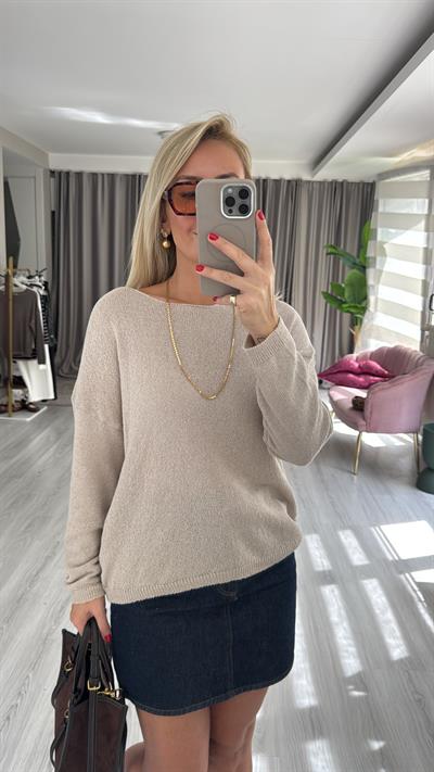 Kayık Yaka Uzun Kol Camel Triko