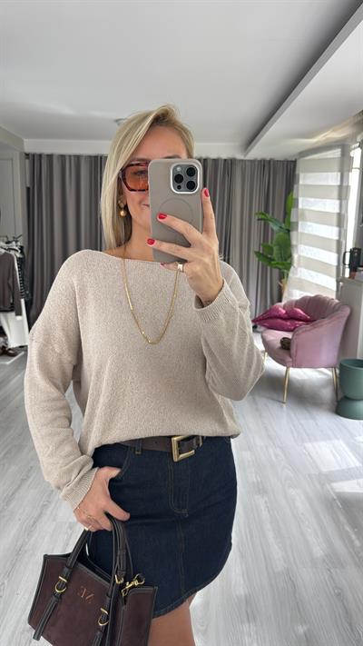 Kayık Yaka Uzun Kol Camel Triko