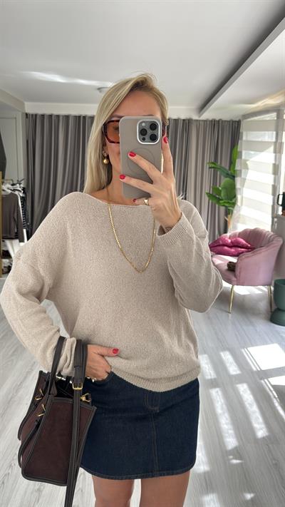 Kayık Yaka Uzun Kol Camel Triko