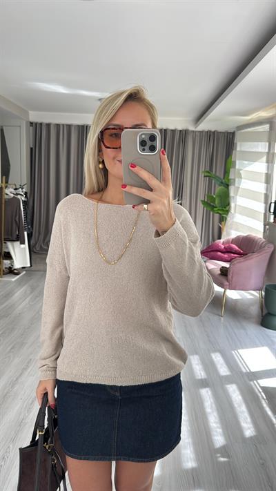 Kayık Yaka Uzun Kol Camel Triko