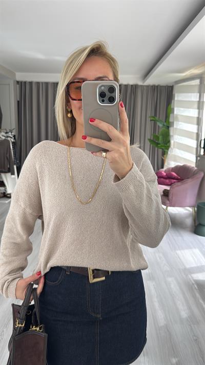 Kayık Yaka Uzun Kol Camel Triko