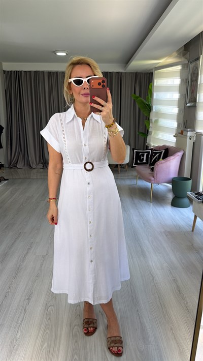 Orijinal Model Kemerli Beyaz Keten Elbise