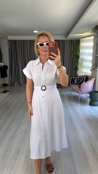 Orijinal Model Kemerli Beyaz Keten Elbise