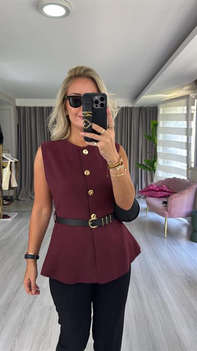 Kemerli Gold Düğmeli Bordo Yelek