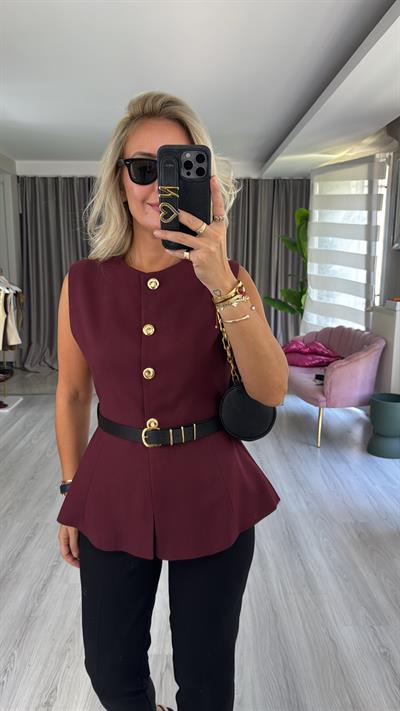 Kemerli Gold Düğmeli Bordo Yelek