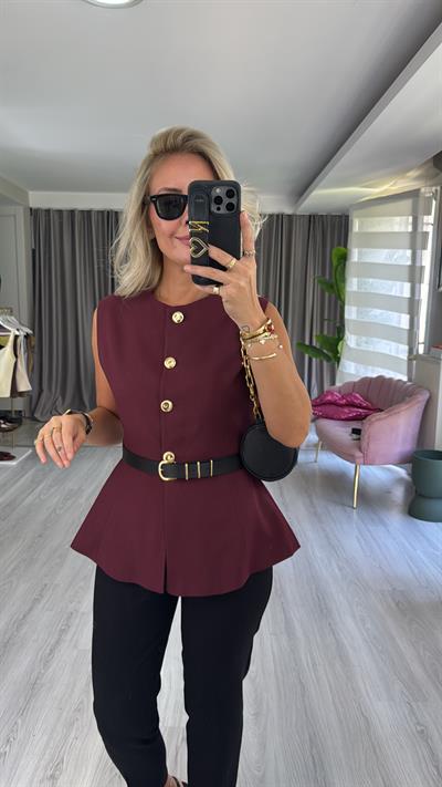 Kemerli Gold Düğmeli Bordo Yelek