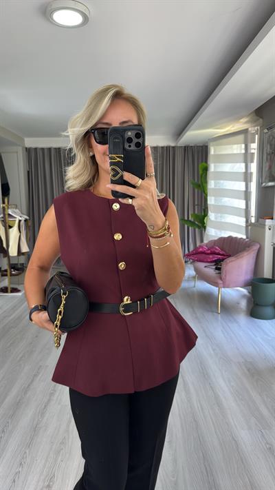 Kemerli Gold Düğmeli Bordo Yelek