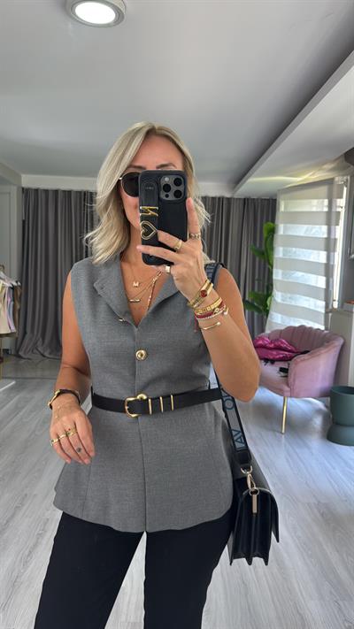 Kemerli Gold Düğmeli Gri Yelek