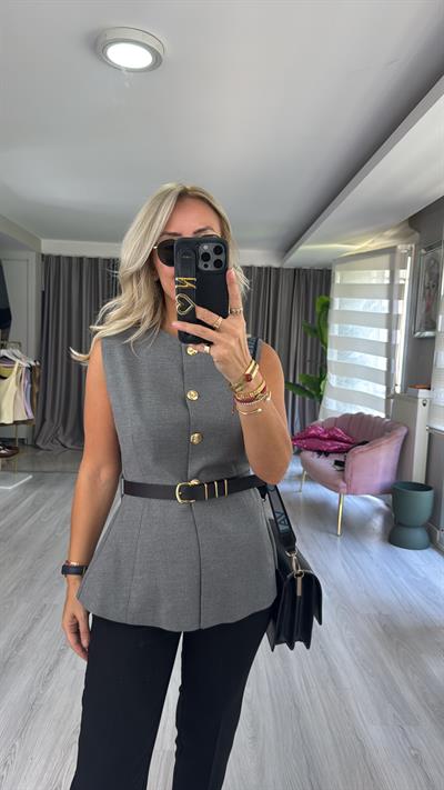 Kemerli Gold Düğmeli Gri Yelek