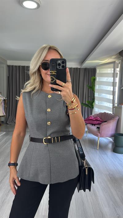 Kemerli Gold Düğmeli Gri Yelek