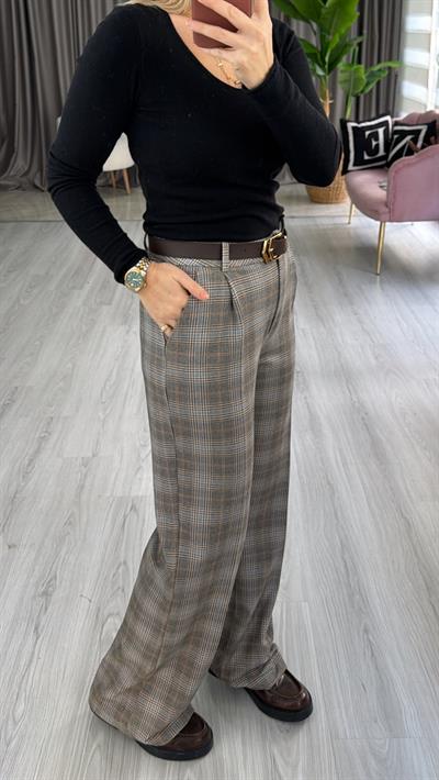Kemerli Gri Ekoseli Palazzo Pantolon