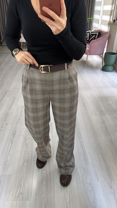 Kemerli Gri Ekoseli Palazzo Pantolon