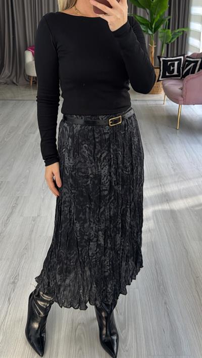 Kemerli Gri Kraşlı Beli Lastikli Etek