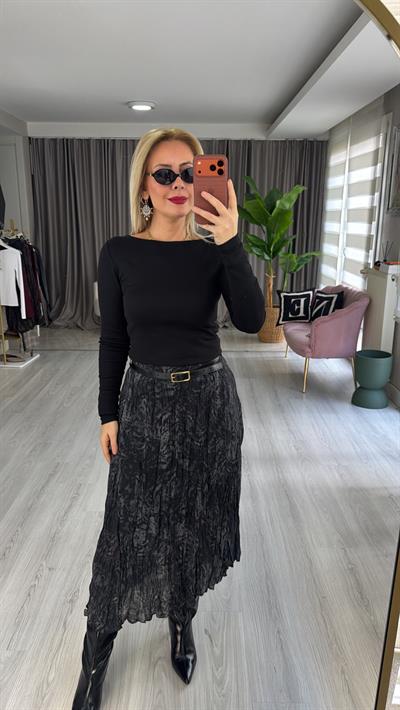 Kemerli Gri Kraşlı Beli Lastikli Etek