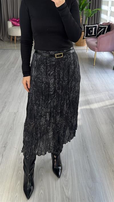 Kemerli Gri Kraşlı Beli Lastikli Etek