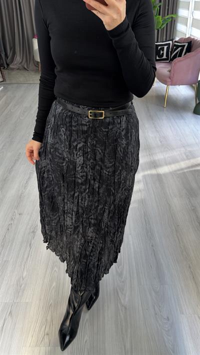 Kemerli Gri Kraşlı Beli Lastikli Etek