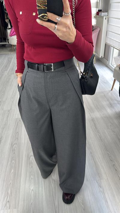 Kemerli Gri Tasarım Pantolon