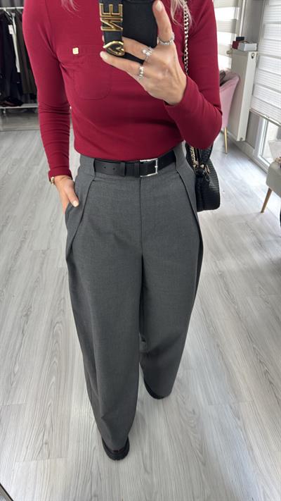 Kemerli Gri Tasarım Pantolon