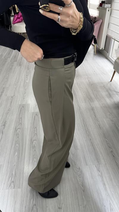 Kemerli Haki Tasarım Pantolon