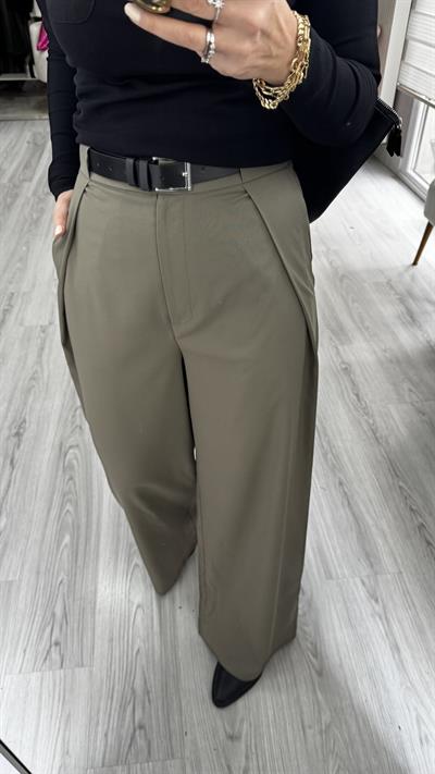 Kemerli Haki Tasarım Pantolon