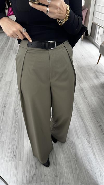 Kemerli Haki Tasarım Pantolon