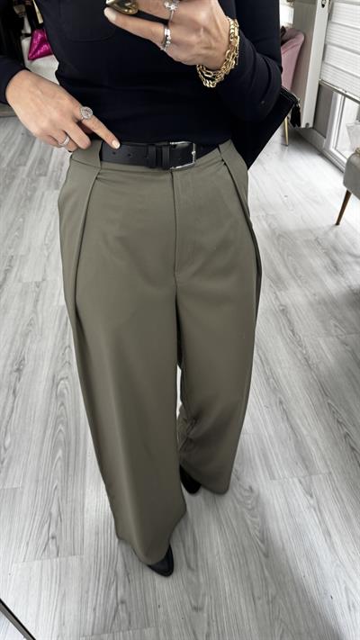 Kemerli Haki Tasarım Pantolon