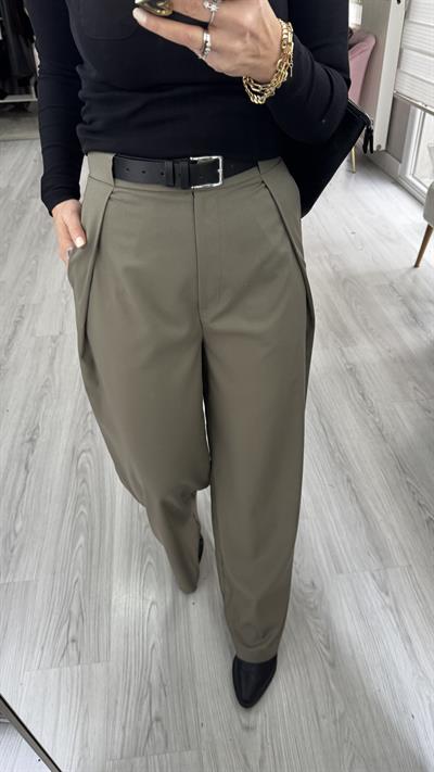 Kemerli Haki Tasarım Pantolon