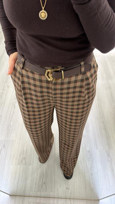 Kemerli Kahve Kareli Palazzo Pantolon