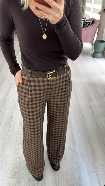 Kemerli Kahve Kareli Palazzo Pantolon