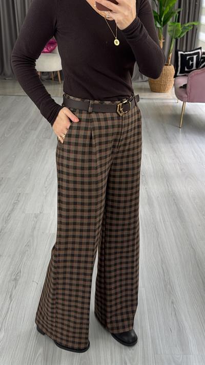 Kemerli Kahve Kareli Palazzo Pantolon