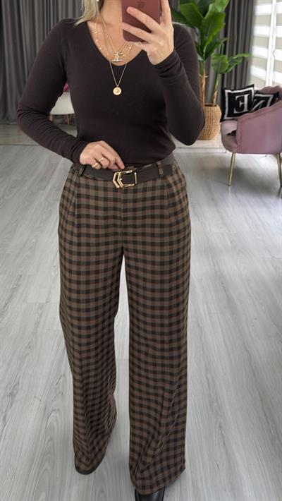 Kemerli Kahve Kareli Palazzo Pantolon