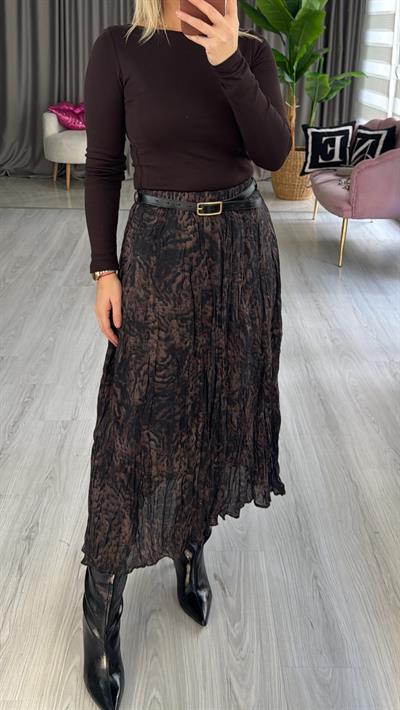 Kemerli Kahve Kraşlı Beli Lastikli Etek