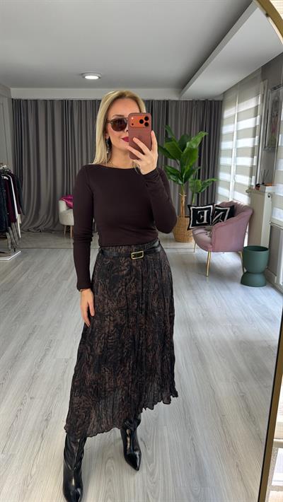 Kemerli Kahve Kraşlı Beli Lastikli Etek