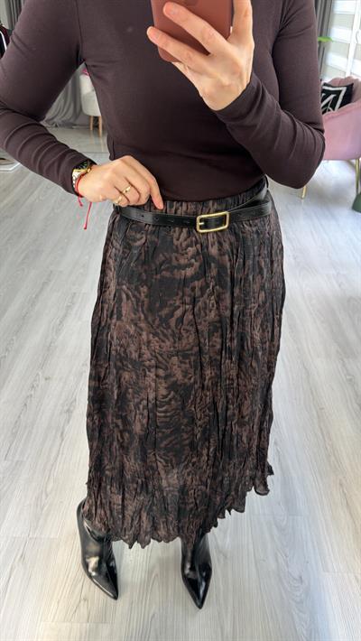 Kemerli Kahve Kraşlı Beli Lastikli Etek