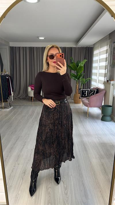 Kemerli Kahve Kraşlı Beli Lastikli Etek