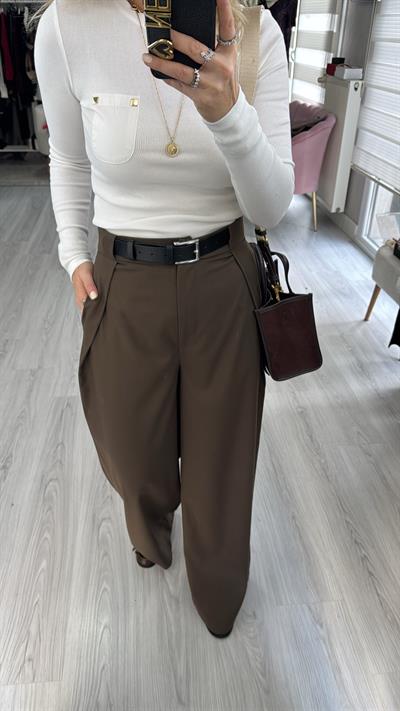 Kemerli Kahverengi Tasarım Pantolon